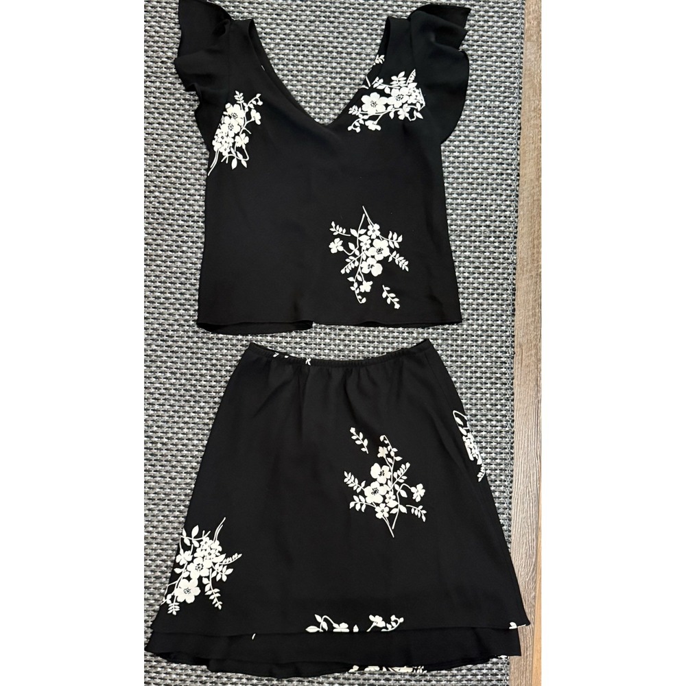 Vtg S.L Fashions Womens 2-pc Floral Skirt Set Deep V Neck Top Tiered Skirt 10P
